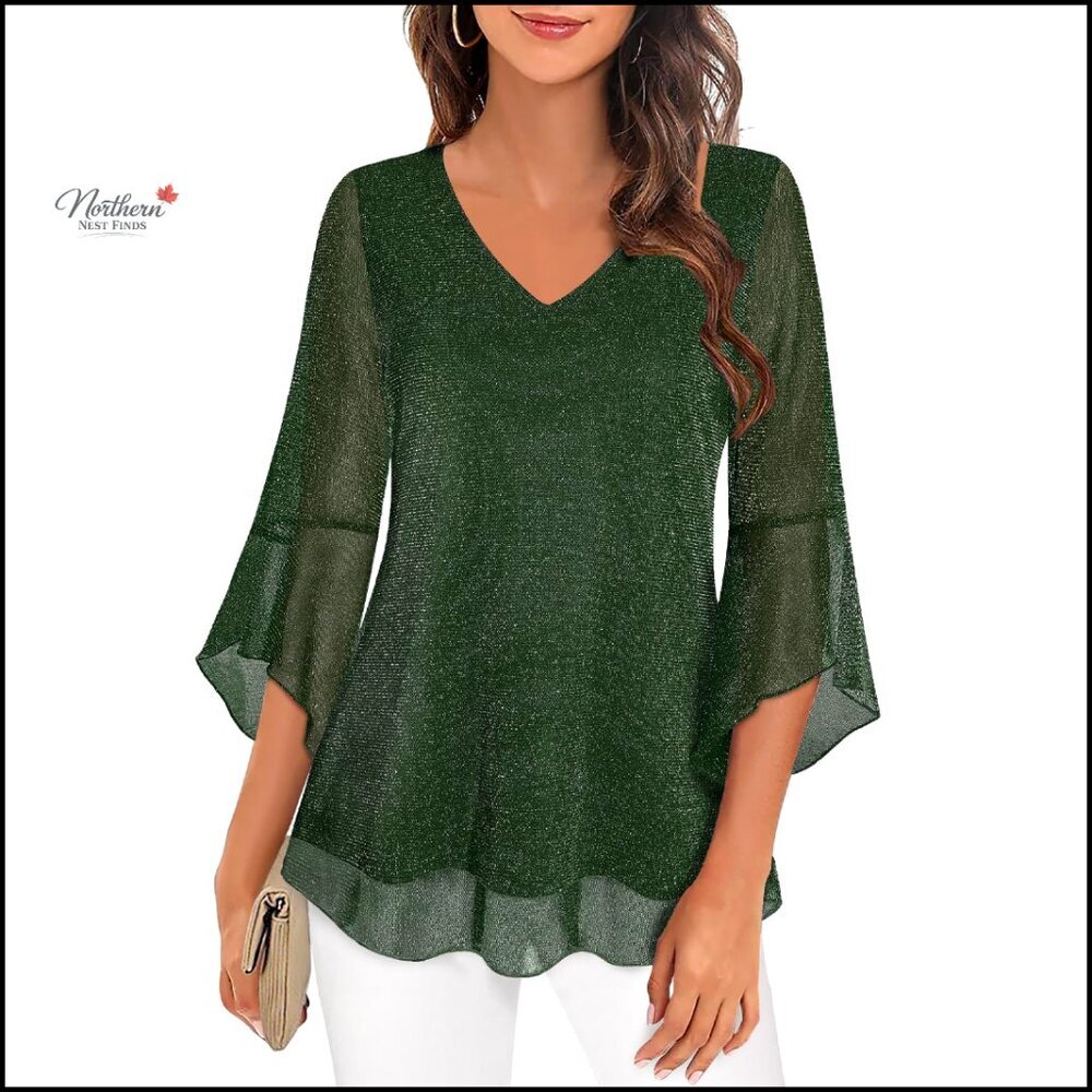 Women's Chiffon V-Neck 3/4 Sleeve Flowy Blouse, Double Layers, Casual Dressy Top